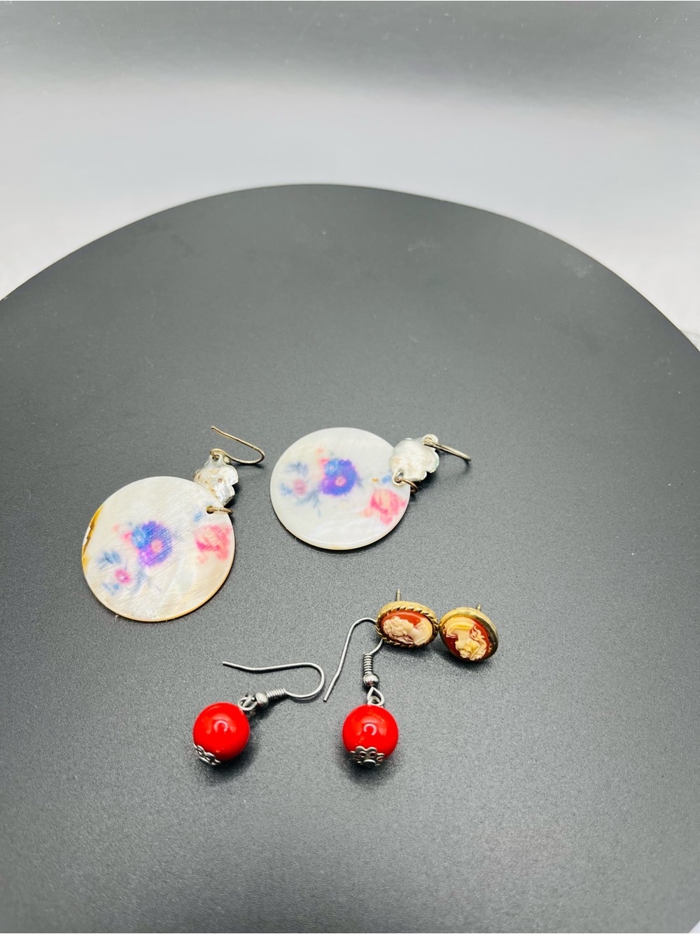 Floral Mother-of-Pearl Drop Earrings with Red Bead Accent
